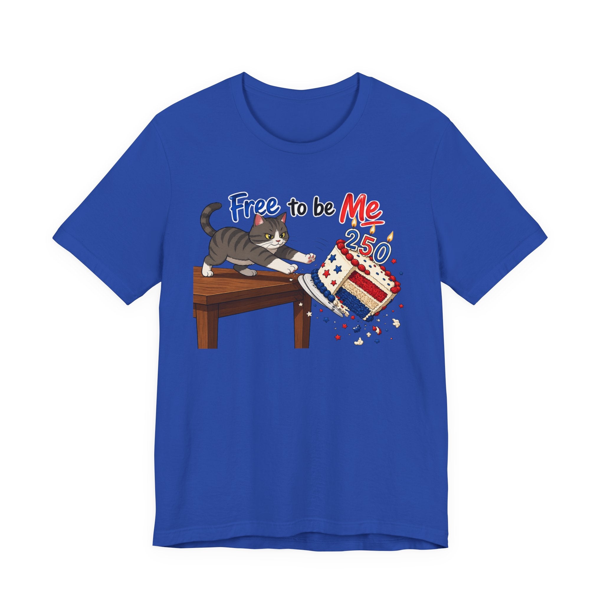 "Free to Be Me" Cat Tossing Cake Unisex T-shirt | 4th of July Funny T-shirt (multiple colors available)